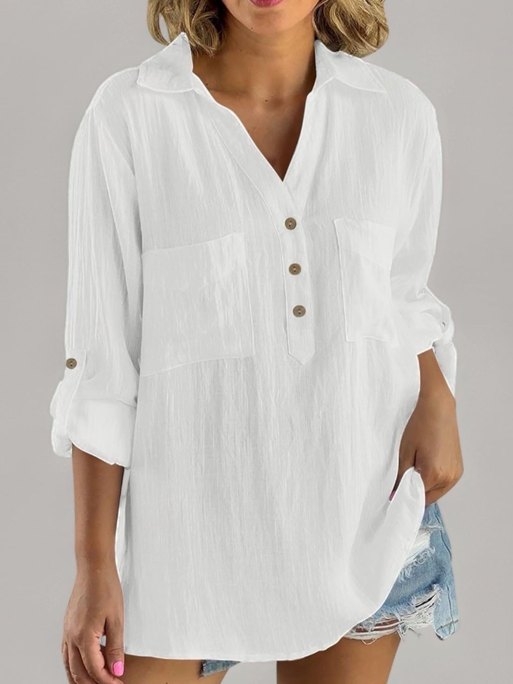 Rouge Helium White Button-Placket Tunic Top
